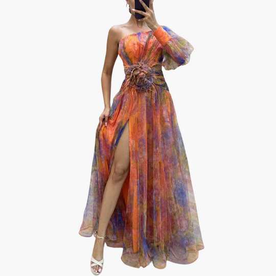 Elegant One-Shoulder Dress for Women - Floral Design with Slit