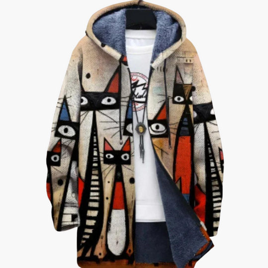 Cat Print Fleece Jacket - Men's Graphic Zip Up Hoodie