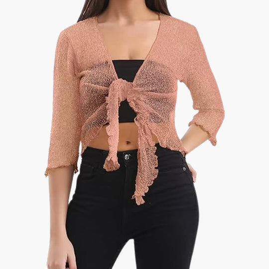 Women’s tie-up bolero top with sheer knit and cropped fit