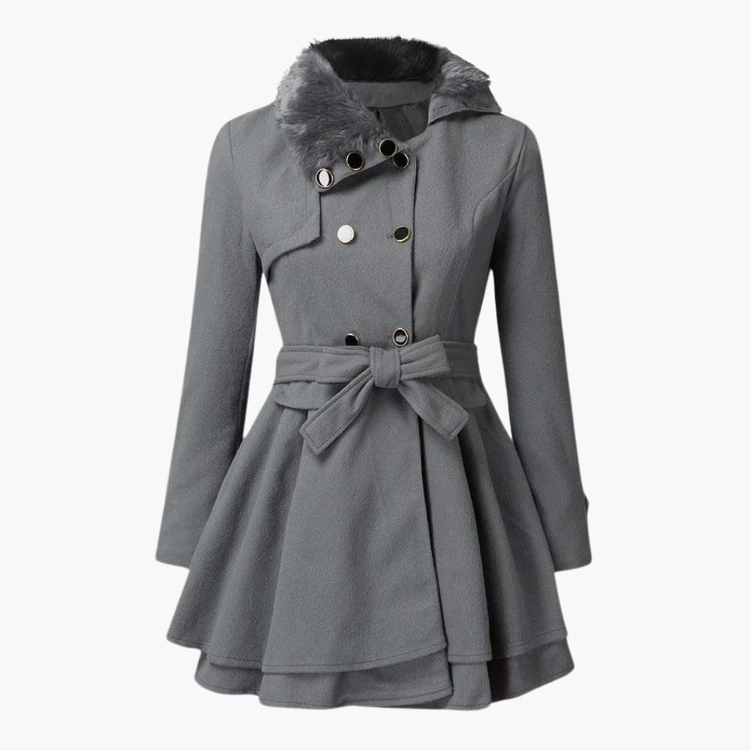 Flared Wool Trench Coat for Women - Belted with Fur Collar