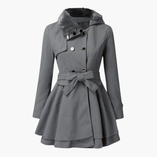 Flared Wool Trench Coat for Women - Belted with Fur Collar