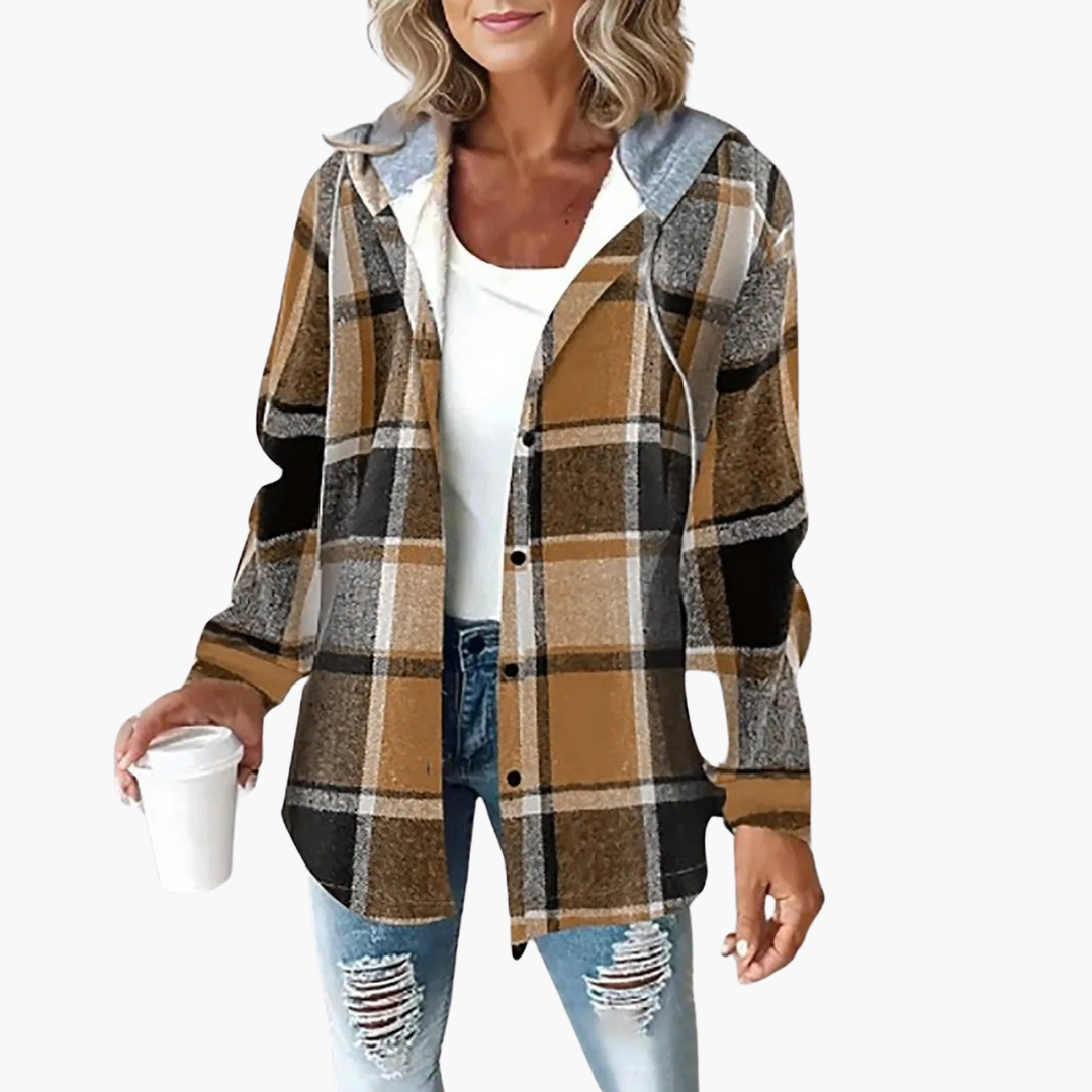 Plaid Flannel Shacket - Women's Hooded Button-Up Jacket