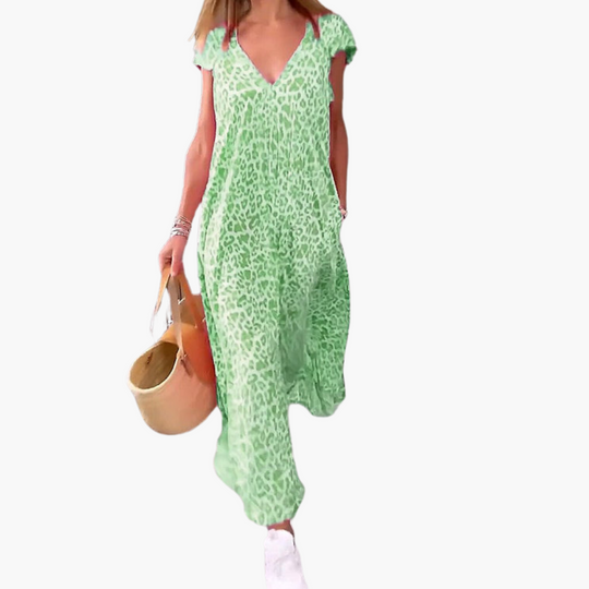 Leopard Print Midi Dress for Women – V-Neck & Loose Fit