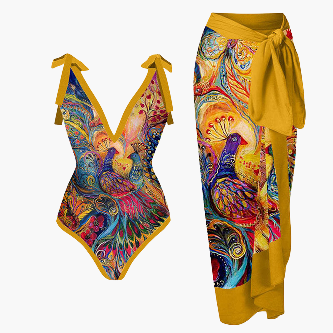 Floral One-Piece Swimsuit Set - for Women with Sarong