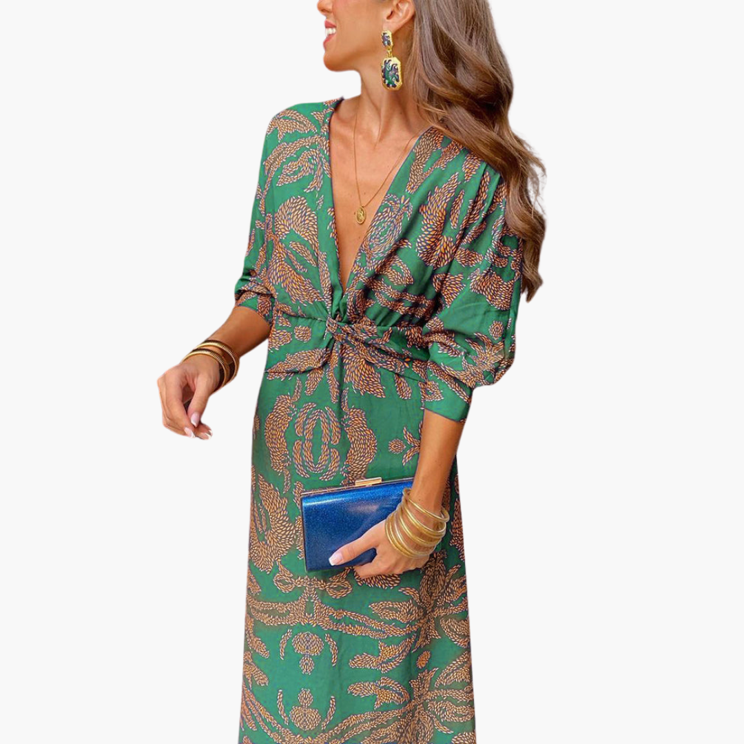Printed Twist Front Midi Dress for Women – V-Neck & Long Sleeve