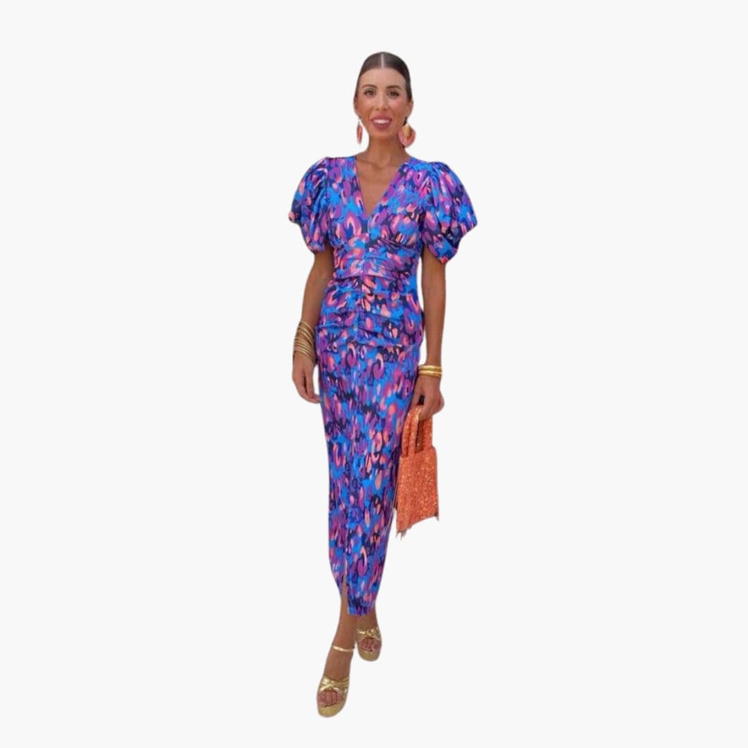 Puff Sleeve Midi Dress for Women - Ruched Waist Party Look