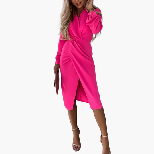 Wrap Dress with V-Neck and Long Sleeves - Women's Elegant Fit