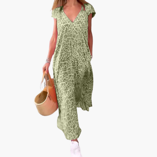 Leopard Print Midi Dress for Women – V-Neck & Loose Fit