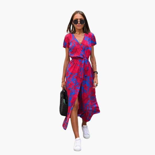 Floral Wrap Midi Dress with Tie Waist - Casual Dress for Women