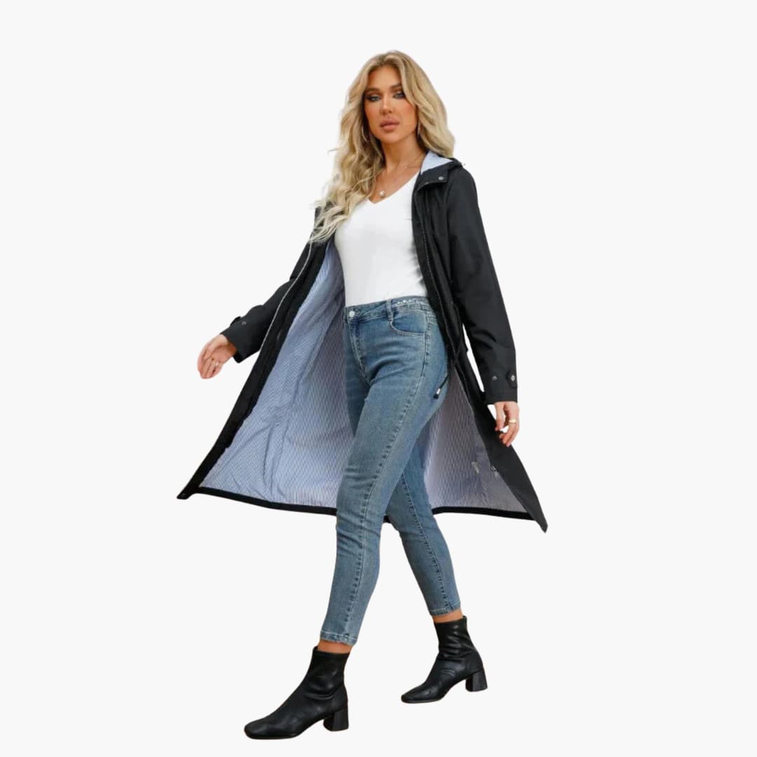 Women’s hooded trench coat with zip and drawstring waist