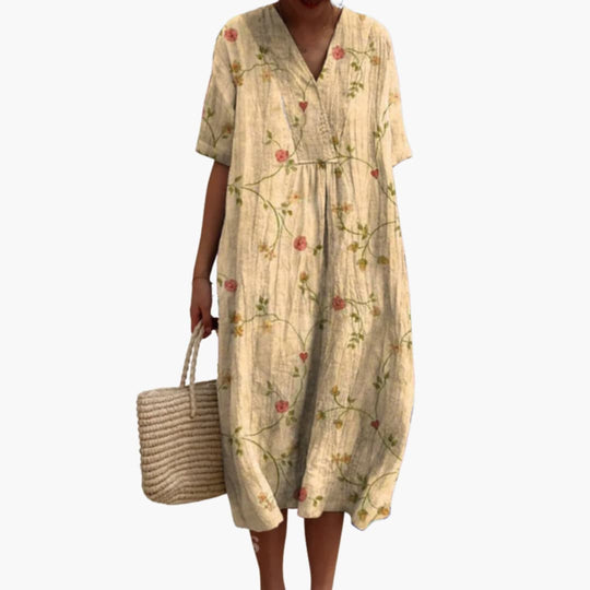 Women's floral summer dress with V-neck and short sleeves