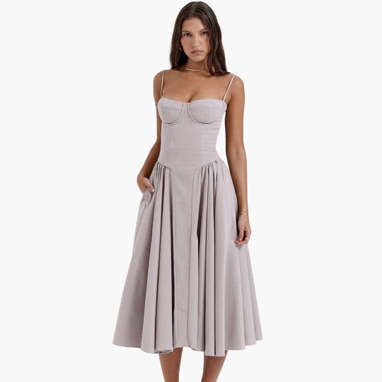 Midi Dress - Women’s Retro Corset Fit with Pleated Skirt
