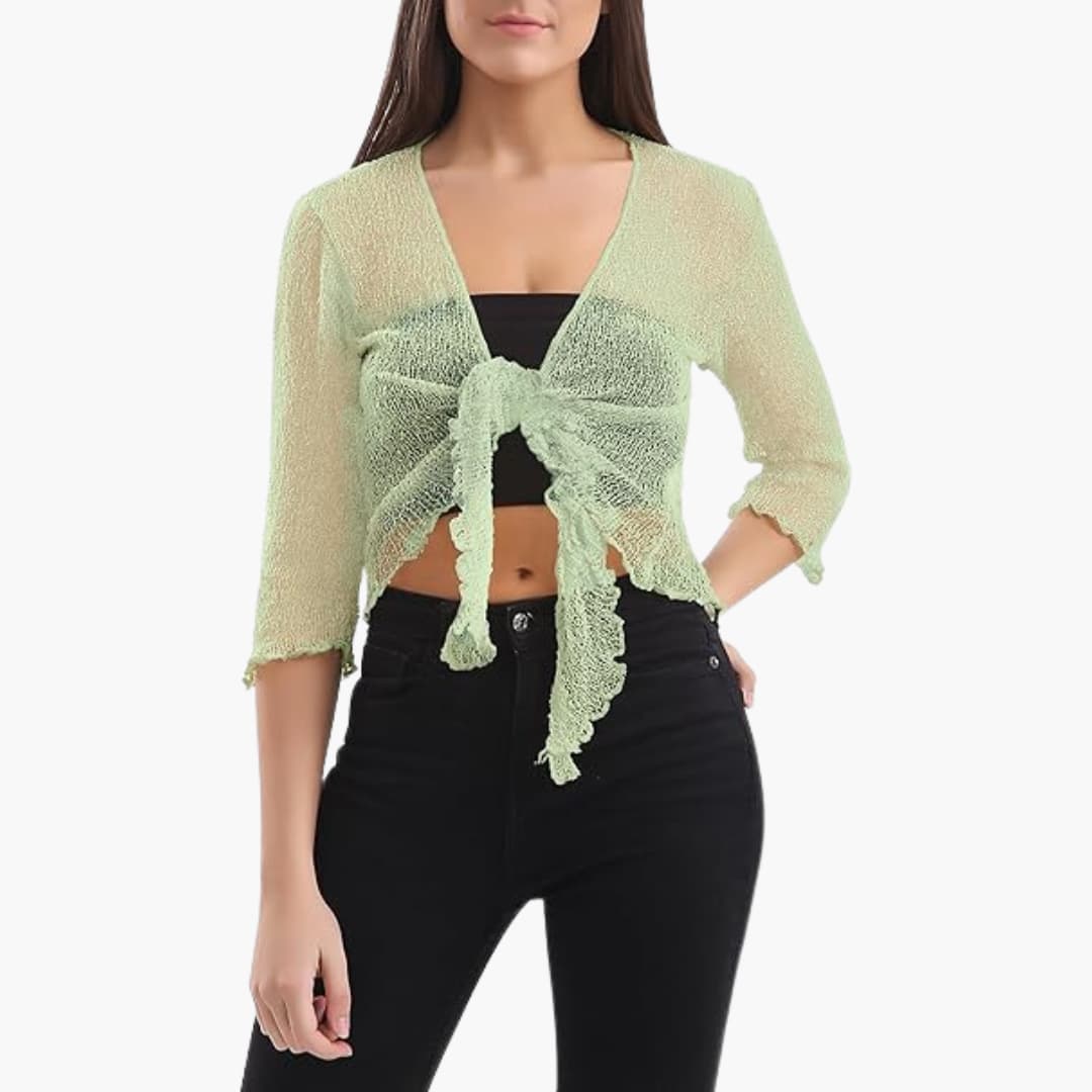 Women’s sheer cropped tie-up shrug with three-quarter sleeves