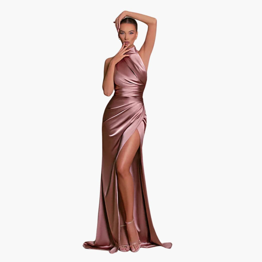 Satin Evening Dress for Women - Halter Neck High Slit Gown