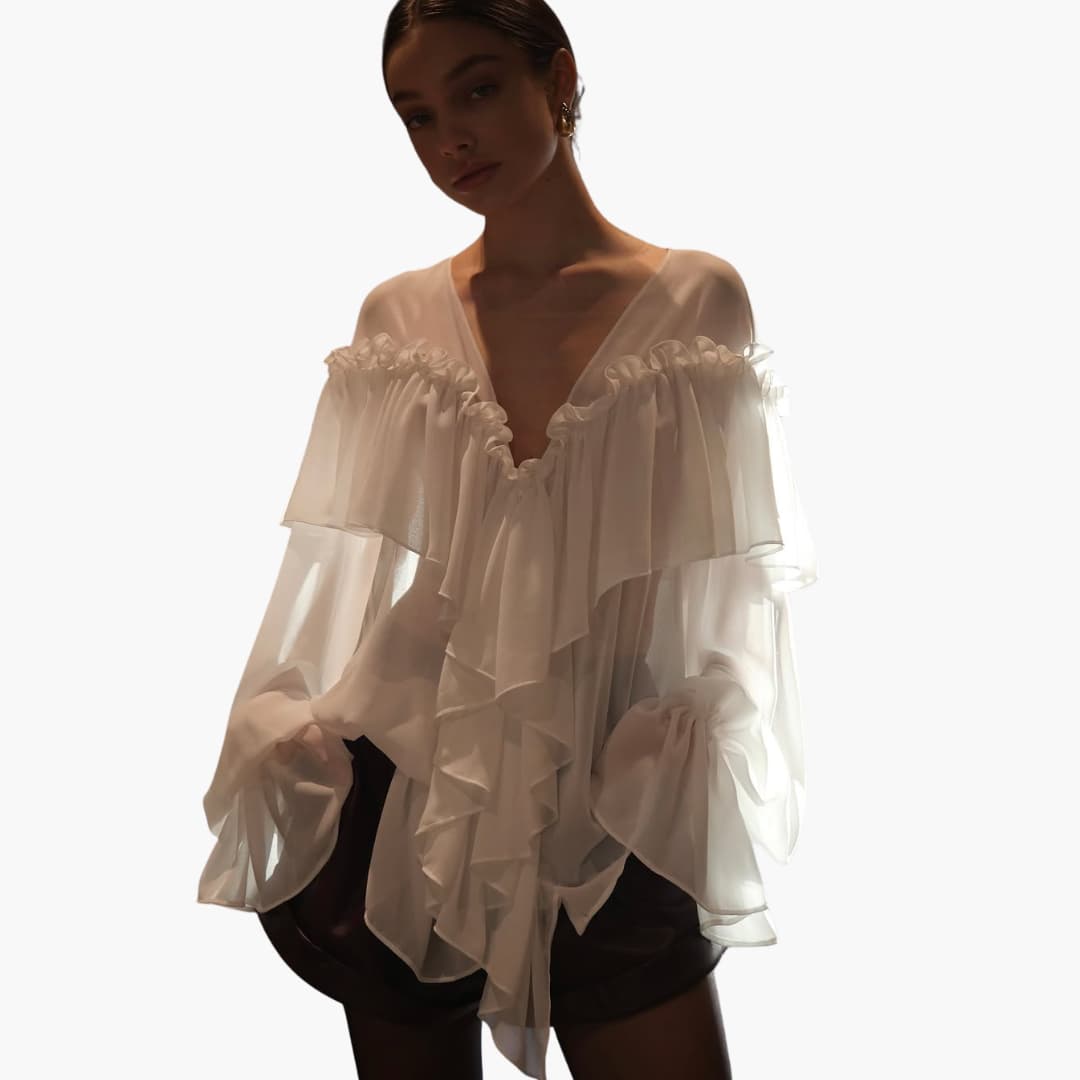 Women’s chiffon long sleeve blouse with V-neck and ruffles