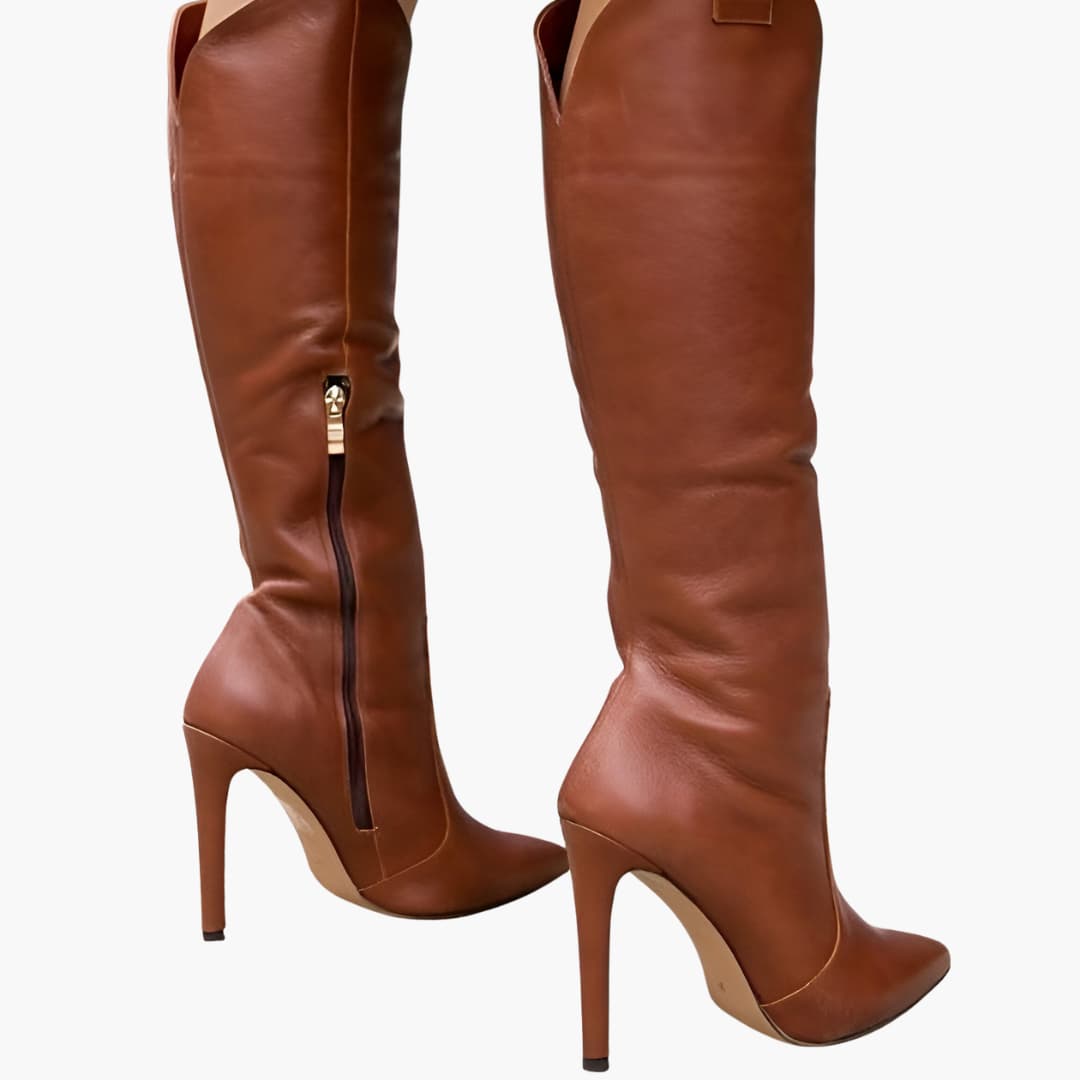 Women’s knee-high heeled boots with zipper and pointed toe
