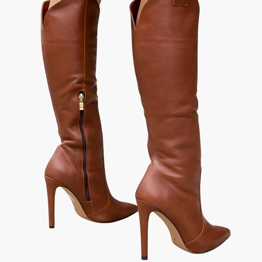 Women’s knee-high heeled boots with zipper and pointed toe