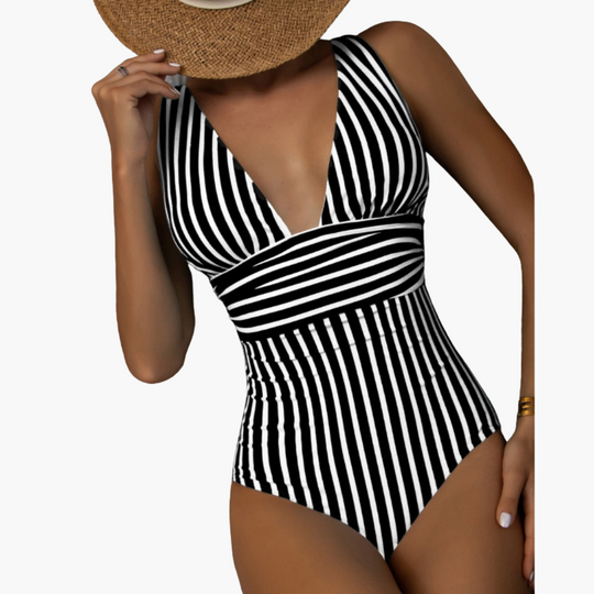 Striped One-Piece Swimsuit - Women's Shaping Beachwear Style