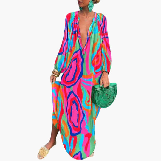 Women’s maxi dress with long sleeves and bold print