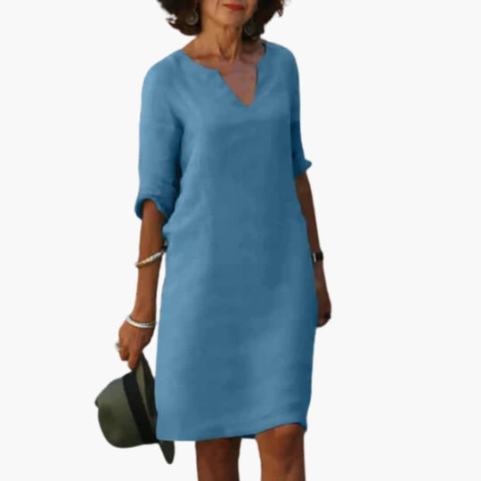 Women’s knee-length dress with V-neck and 3/4 sleeves