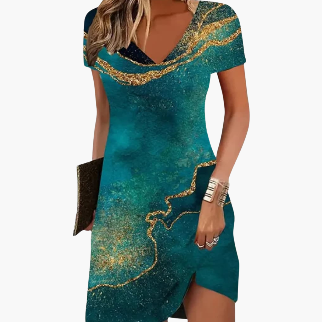 Women’s cocktail dress with V-neck and short sleeves