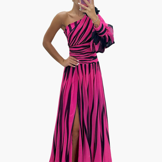 One Shoulder Maxi Dress for Women - Elegant Striped Slit