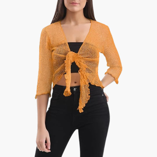 Women’s cropped tie-up shrug with sheer knit sleeves