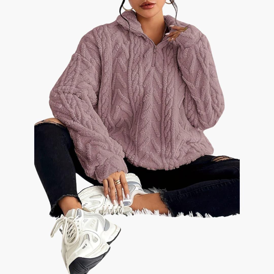 Cable Knit Half-Zip Fleece Sweatshirt - Cosy Fit for Women - IsabellaMae