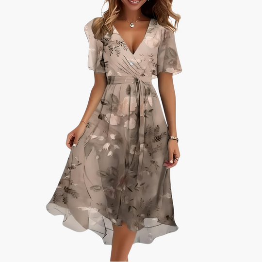 Women’s midi dress with V-neck and flared summer skirt