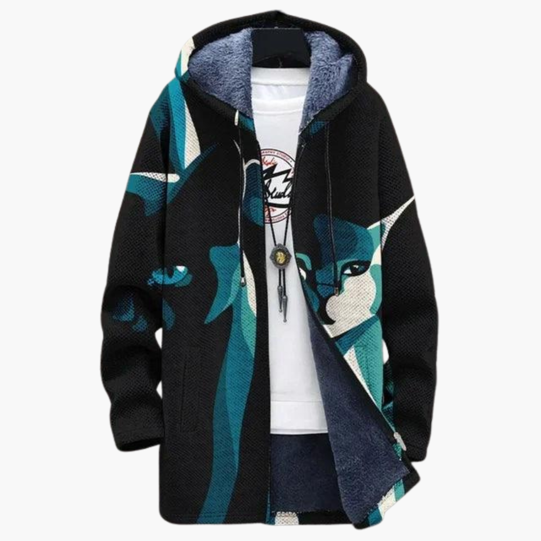 Cat Print Fleece Jacket - Men's Graphic Zip Up Hoodie