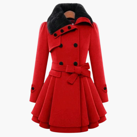 Flared Wool Trench Coat for Women - Belted with Fur Collar