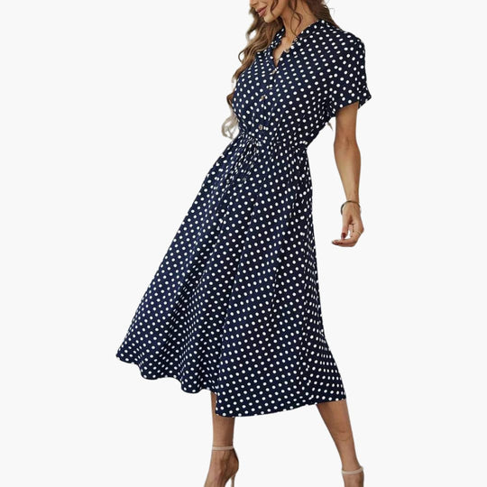 Women’s midi dress with short sleeves and button front