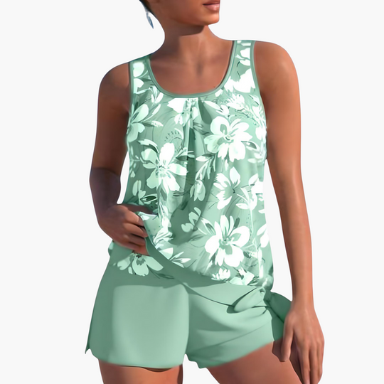 Women's summer tankini swimwear set with shorts and scoop neck