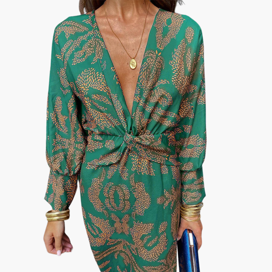 Printed Twist Front Midi Dress for Women – V-Neck & Long Sleeve