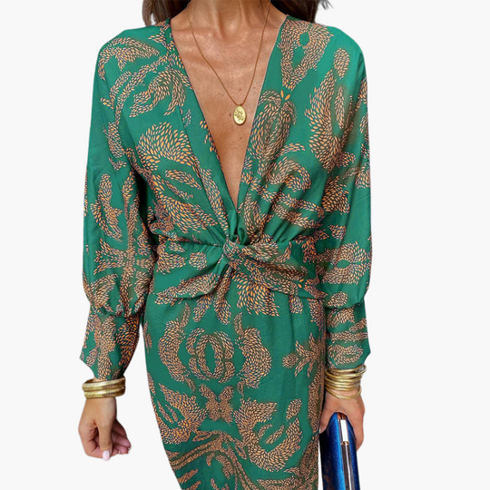 Printed Twist Front Midi Dress for Women – V-Neck & Long Sleeve