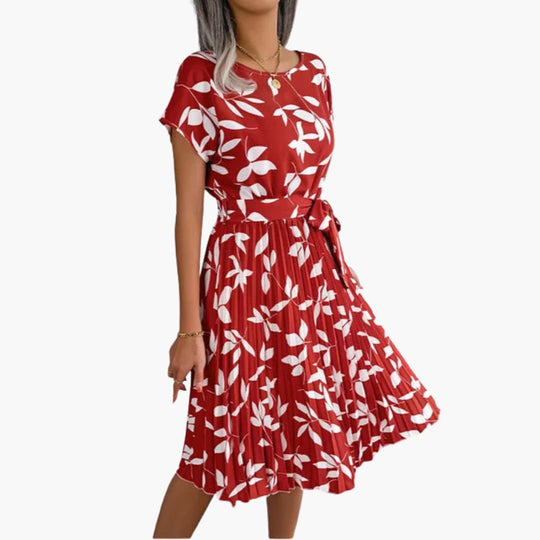 Summer Dress - Women’s Floral Belted Casual Knee-Length Fit