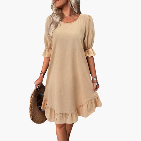 Summer Dress - Women’s Puff Sleeve Ruffle Hem Casual Fit