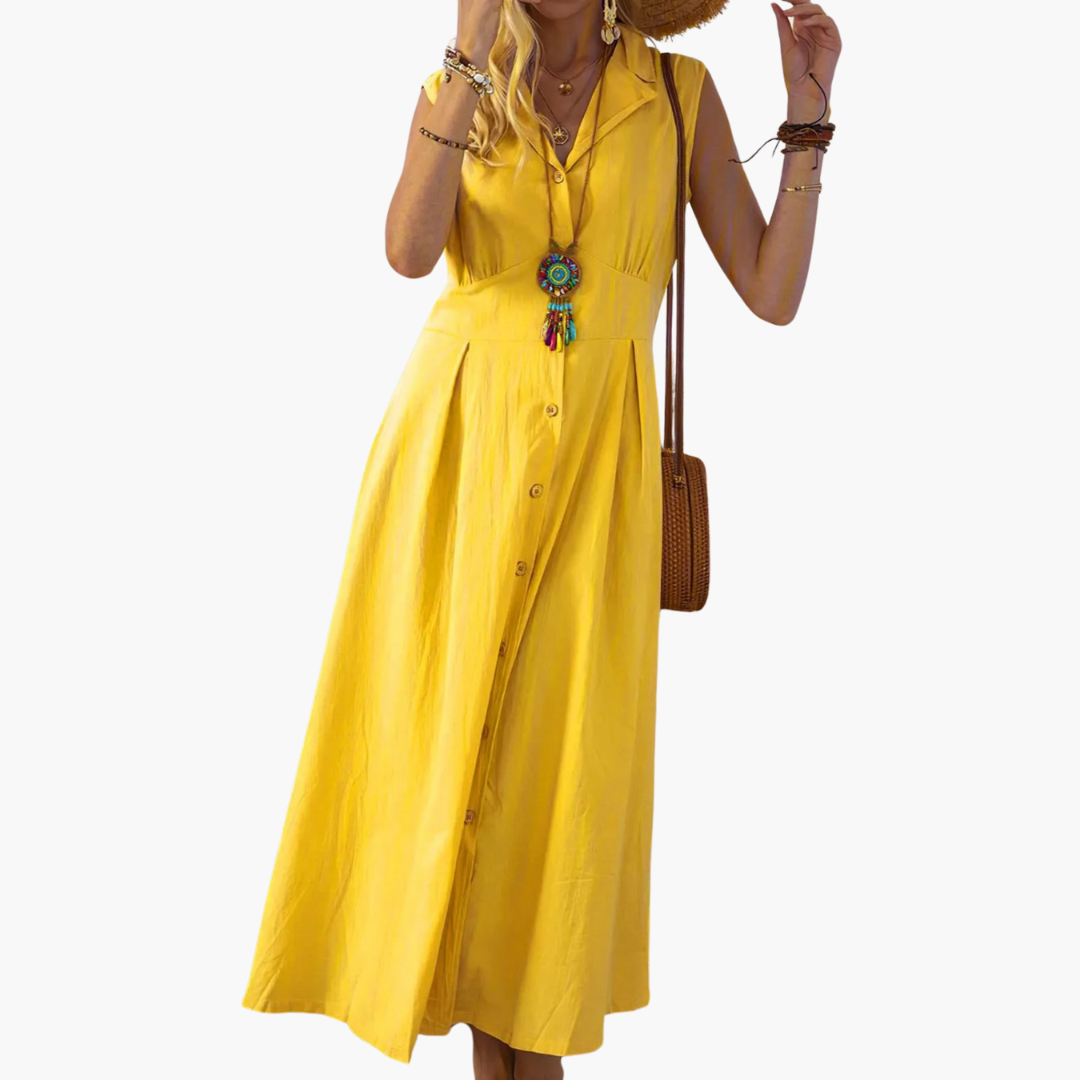 Button-Down Collared Midi Dress – Women's V-Neck Summer Style - IsabellaMae