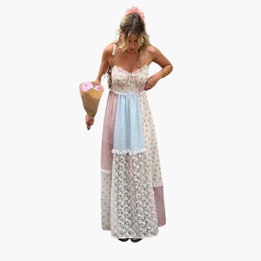 Elegant Strappy Patchwork Maxi Dress - Women's Boho Style