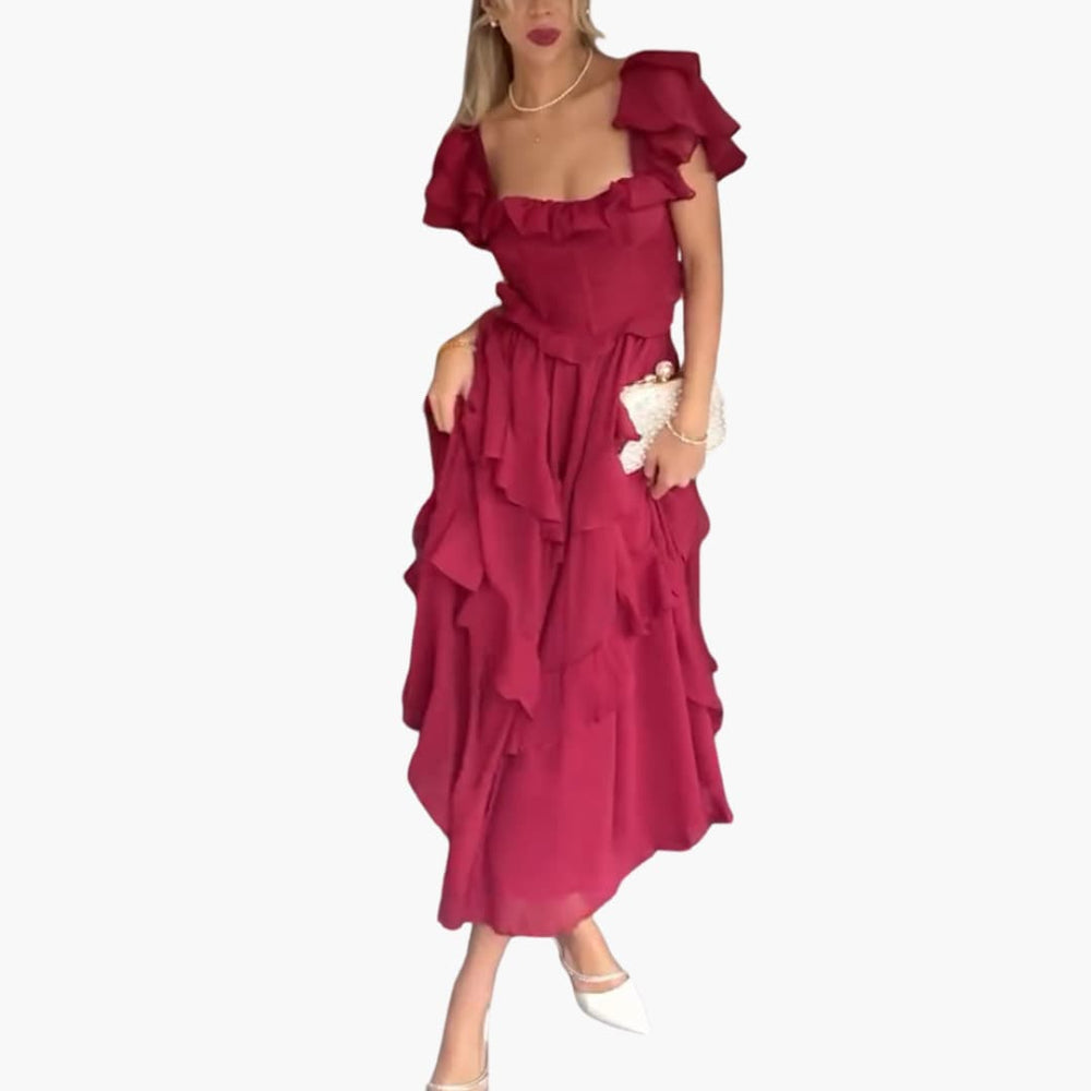 Square Neck Ruffle Sleeve Backless Dress for Women - Elegant Summer Midi