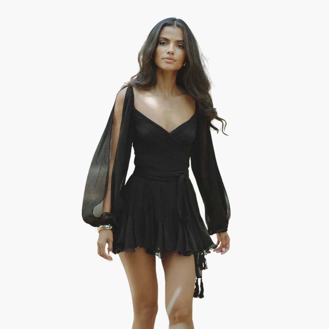 Women’s all-season mini dress with long sleeves and waist tie