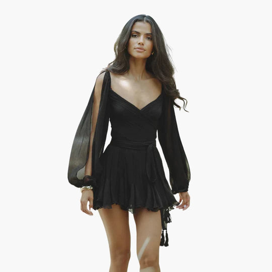 Women’s all-season mini dress with long sleeves and waist tie