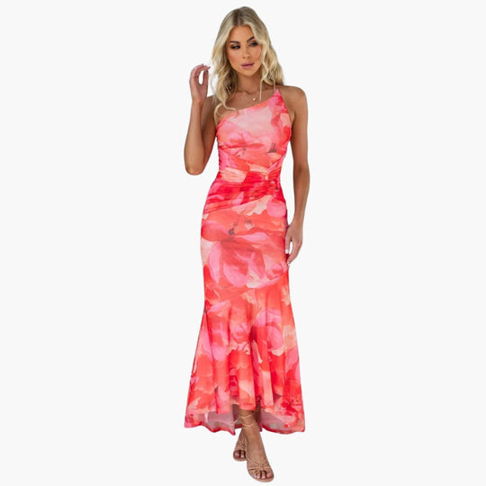 One-Shoulder Floral Midi Dress - Women's Summer Occasionwear