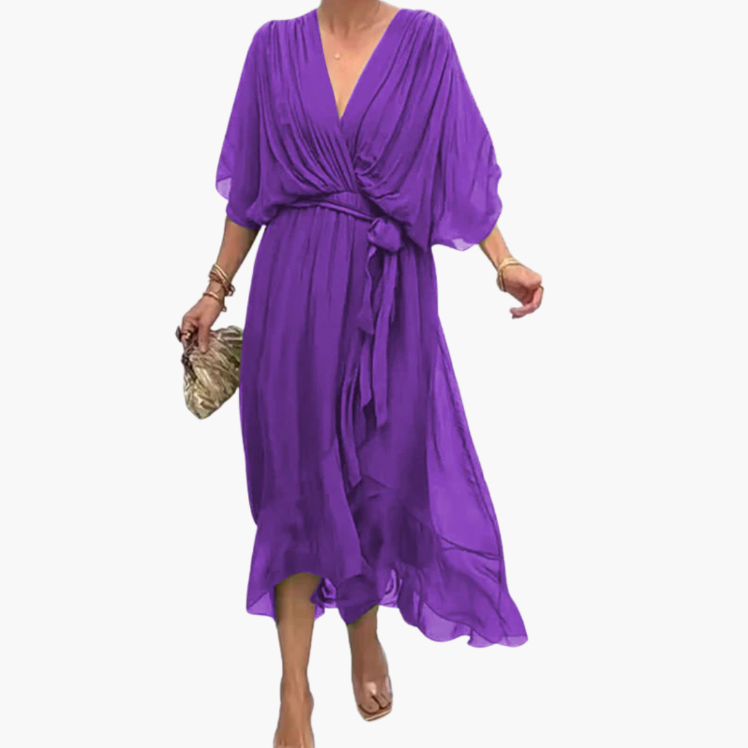 Chiffon Midi Dress with V-Neck and Belt - Women’s Stylish Wear