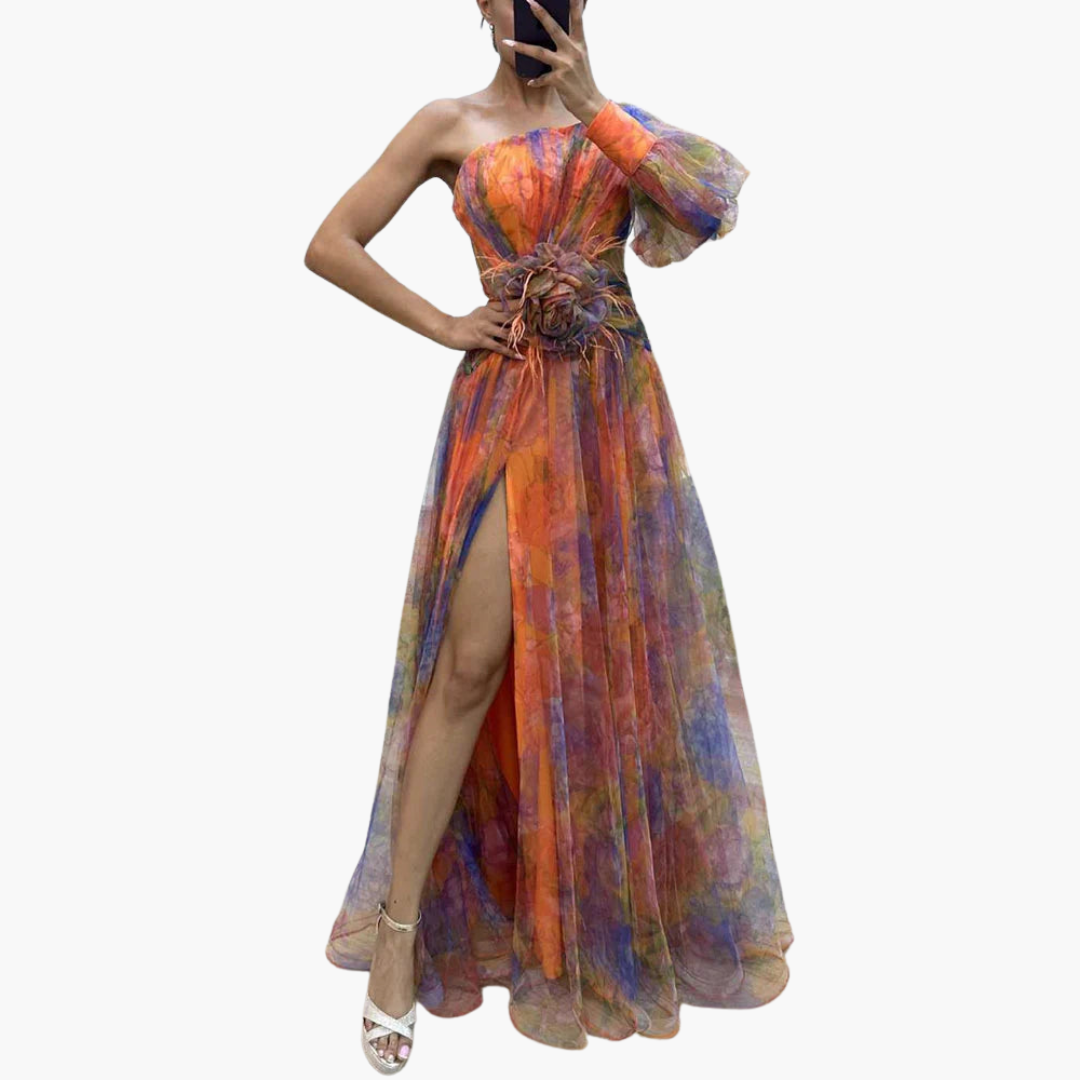 Elegant One-Shoulder Dress for Women - Floral Design with Slit