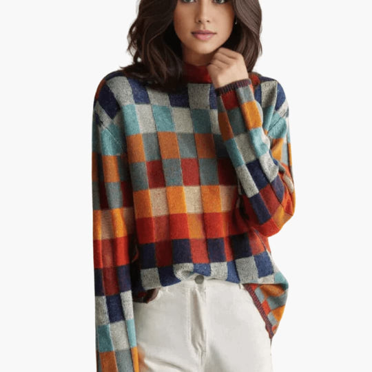 Patchwork Turtleneck Sweater for Women – Cozy Winter Style
