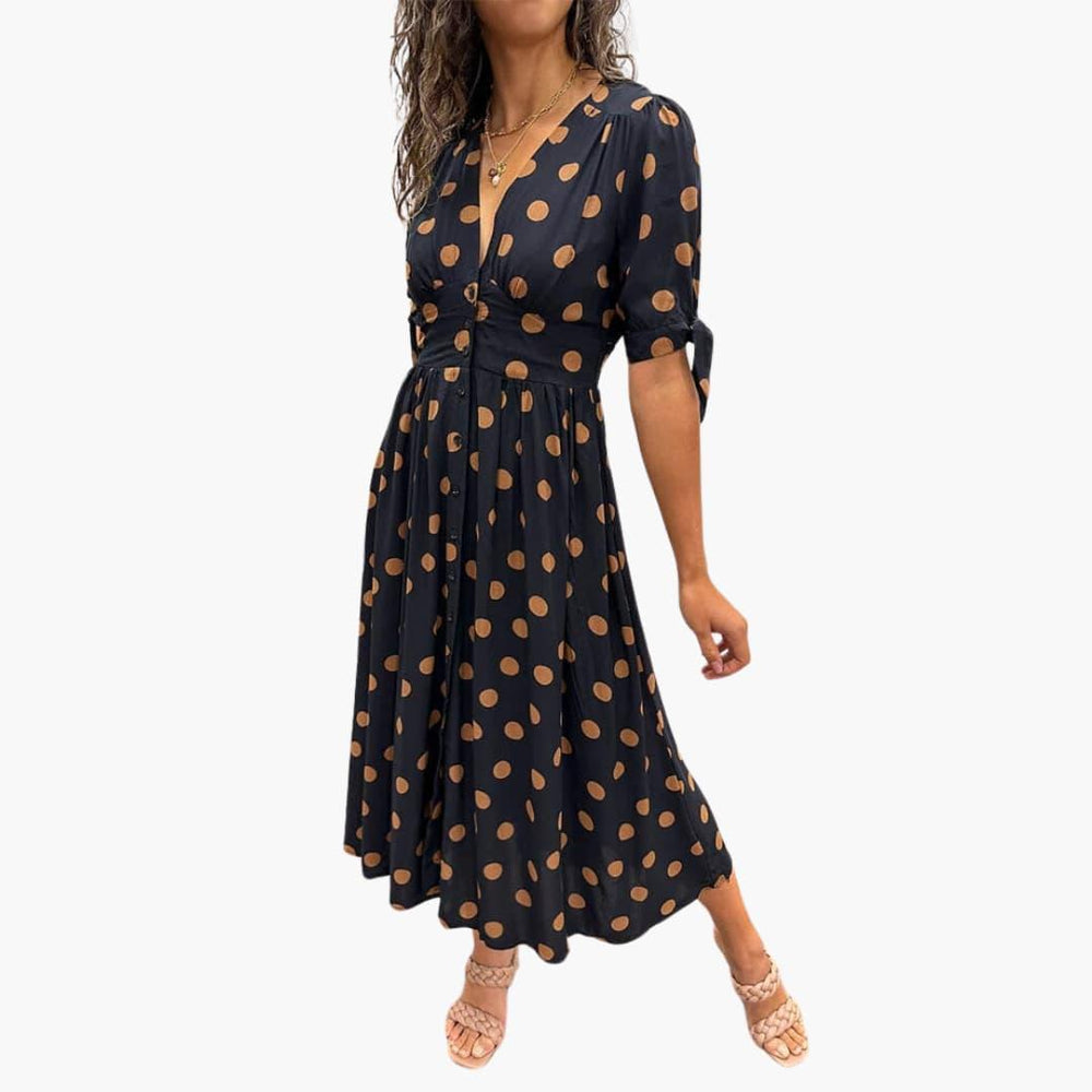 Polka Dot V-Neck Midi Dress with Belt - Casual for Women