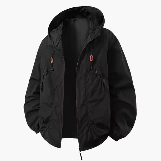 Unisex windbreaker jacket with hood and zip pockets for outdoors