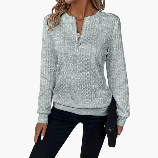 Cable Knit Zip Sweater – Women's Long Sleeve Pullover - IsabellaMae