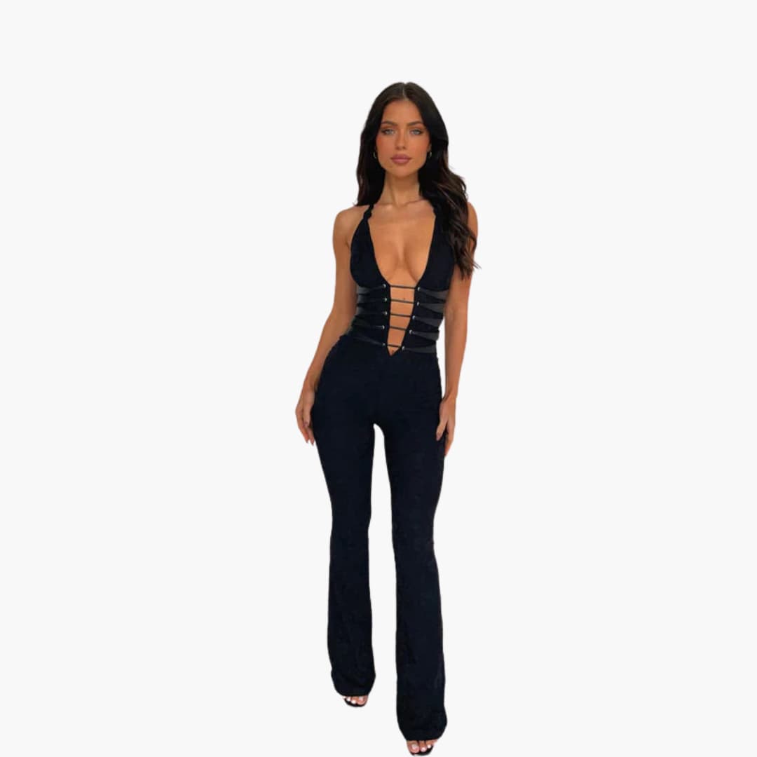 Women’s sleeveless jumpsuit with flared legs and lace-up front